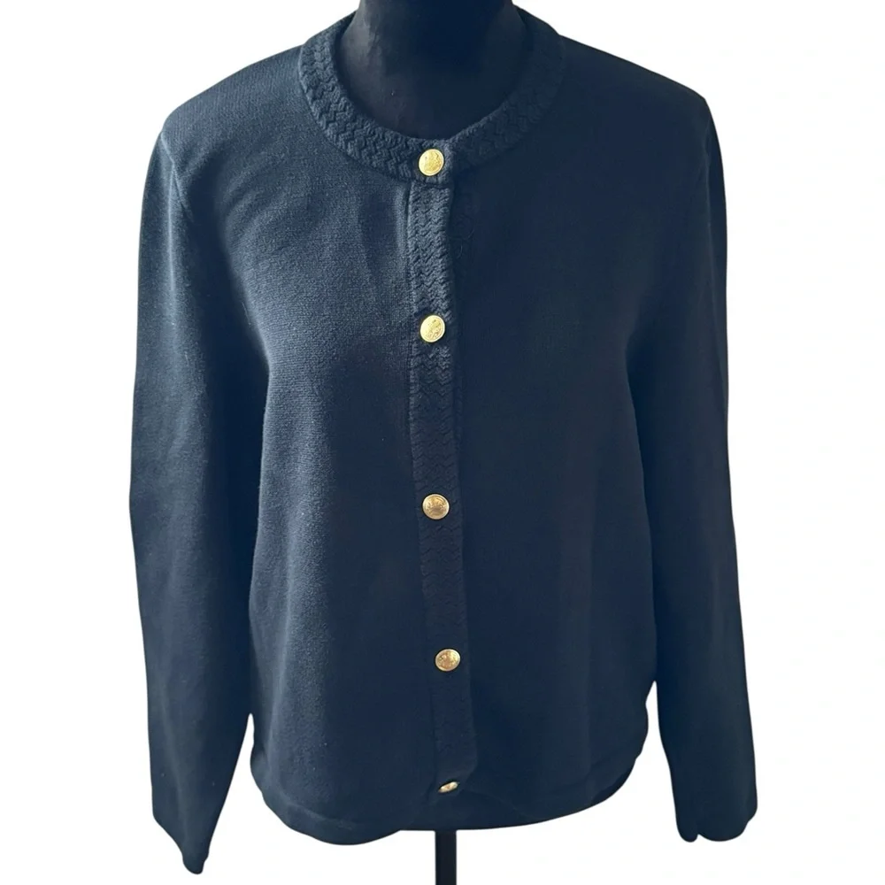 J. Crew Black Cardigan with Crest Gold Buttons thick‎ knit Sz XL